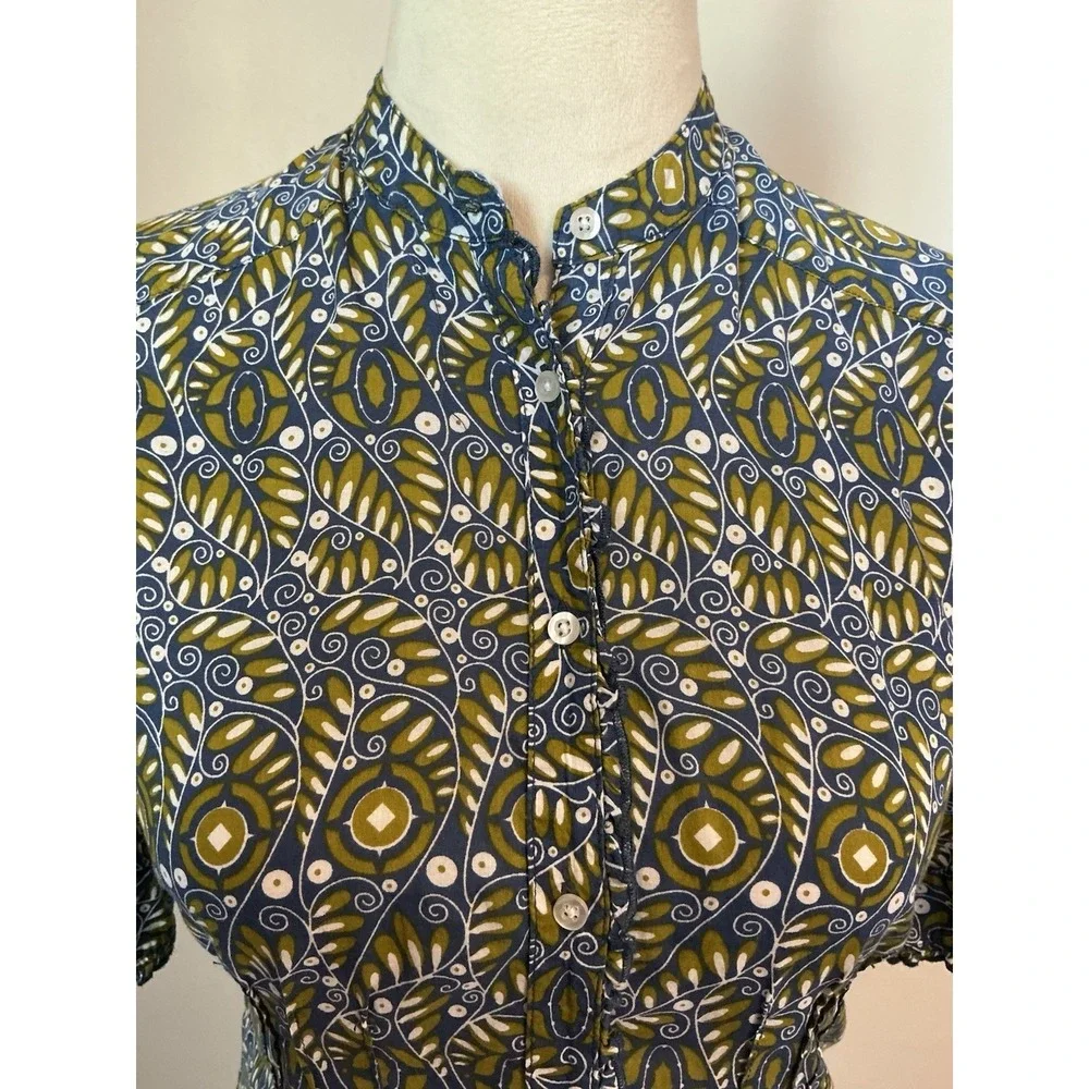 Banana Republic Blue Multi Floral Ruffled Neckline ‎ Pin-tucked Shirt XS